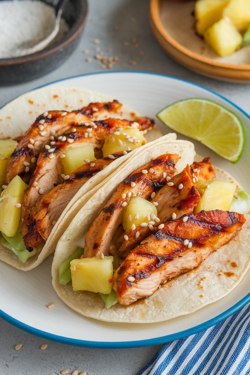 Photo indoors of tacos featuring grilled chicken strips with pineapple chunks and light teriyaki glaze, sprinkled with sesame seeds. No logos or text.