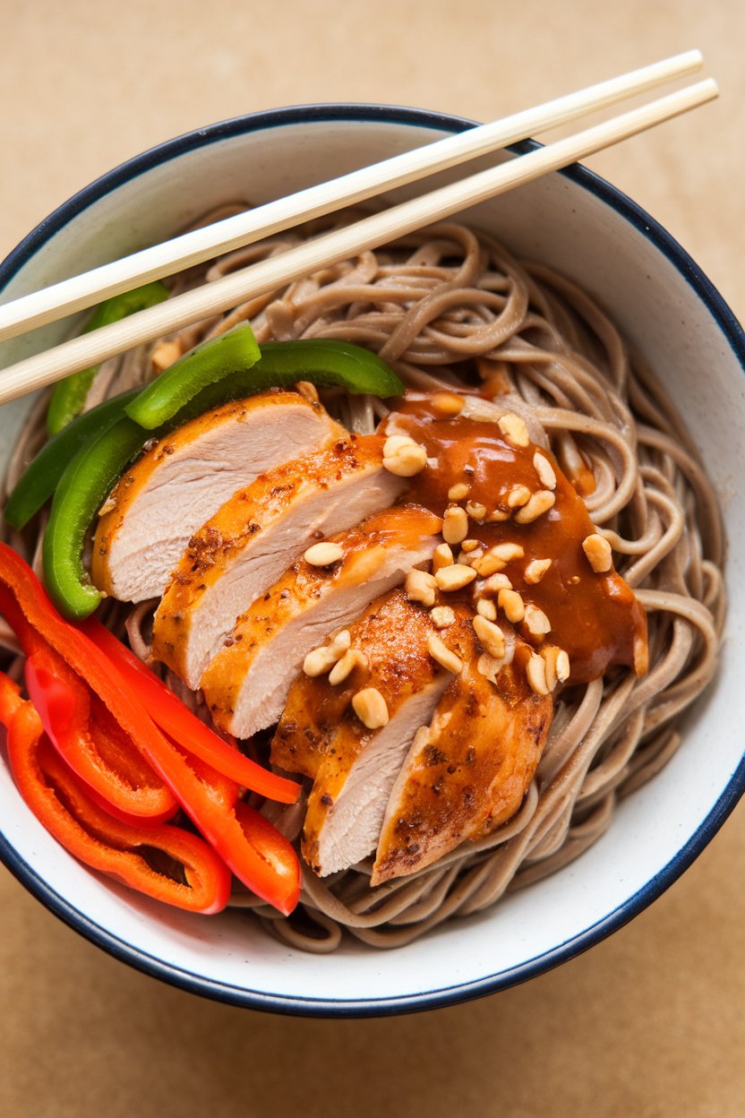 An indoor bowl of soba noodles tossed with sliced chicken breast, julienned bell peppers, and a glossy spicy peanut sauce, chopsticks resting on rim. No logos.