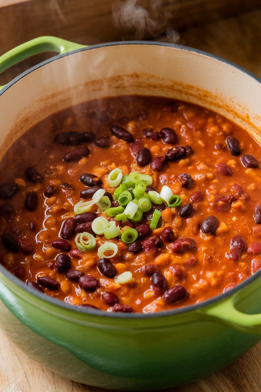 A ceramic indoor pot filled with hearty turkey chili, black beans visible, topped with a sprinkle of scallions; steam rising, no logos.