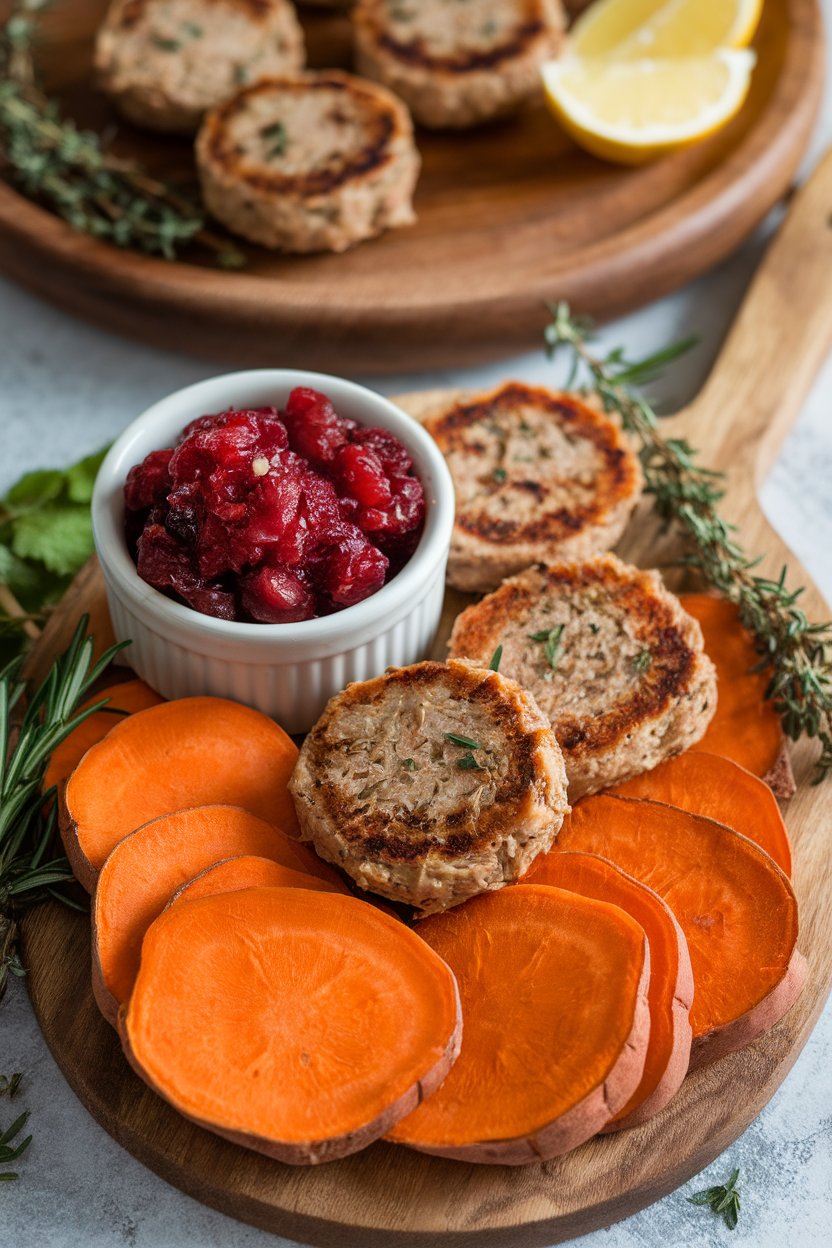 A serving board lined with roasted sweet potato rounds stacked with mini turkey patties and cranberry relish. No text or logos.
