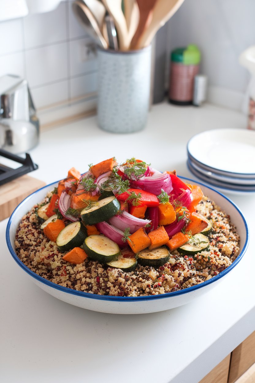A bright indoor countertop scene featuring a wide bowl of tricolor quinoa topped with roasted zucchini, bell peppers, red onion, and sweet potatoes, sprinkled with fresh herbs. Photo only, no text or logos.