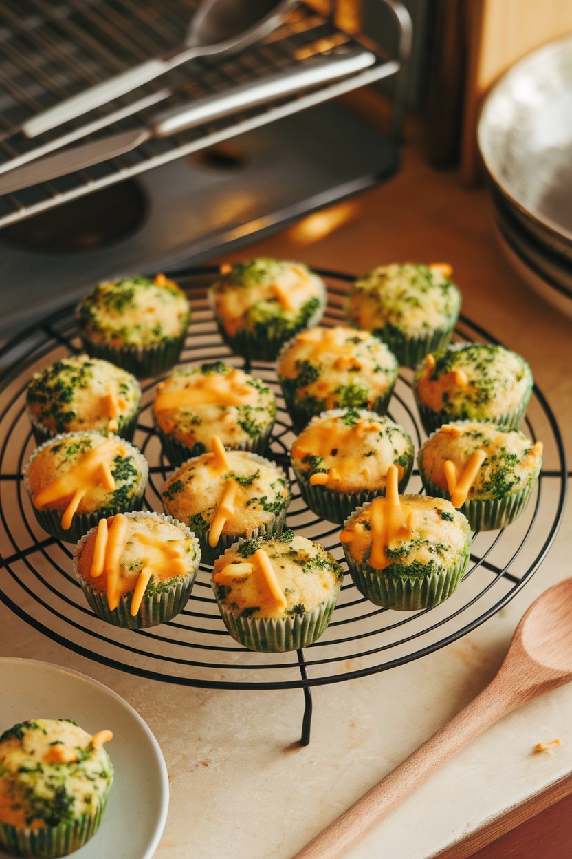 An indoor bakery-style setup with a cooling rack of mini savory muffins flecked with green broccoli and melted cheddar; no text or logos.