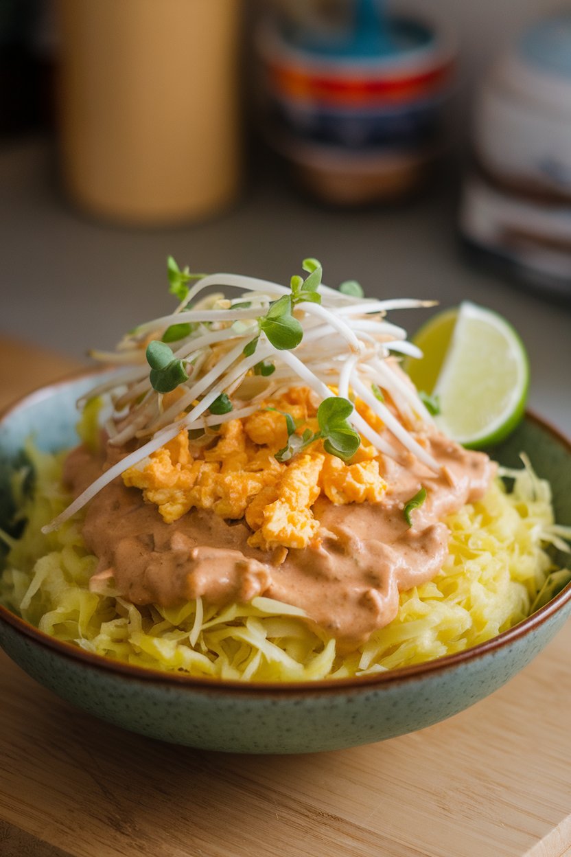 An indoor bowl of spaghetti squash strands dressed in light peanut sauce, topped with scrambled egg, bean sprouts, and lime wedge; no text or logos; photo.