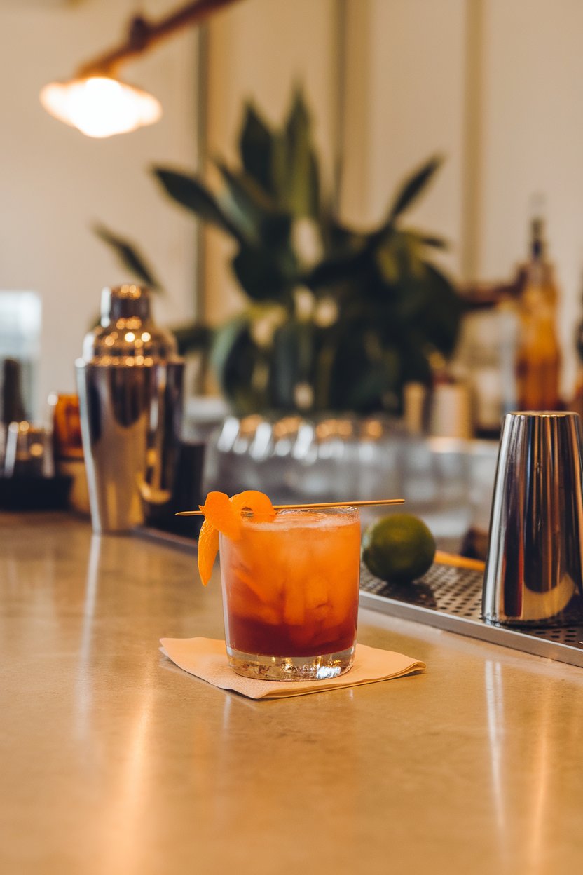 Indoor bar counter, lowball glass of dark chocolate-orange margarita with flamed orange twist; no text or logos.