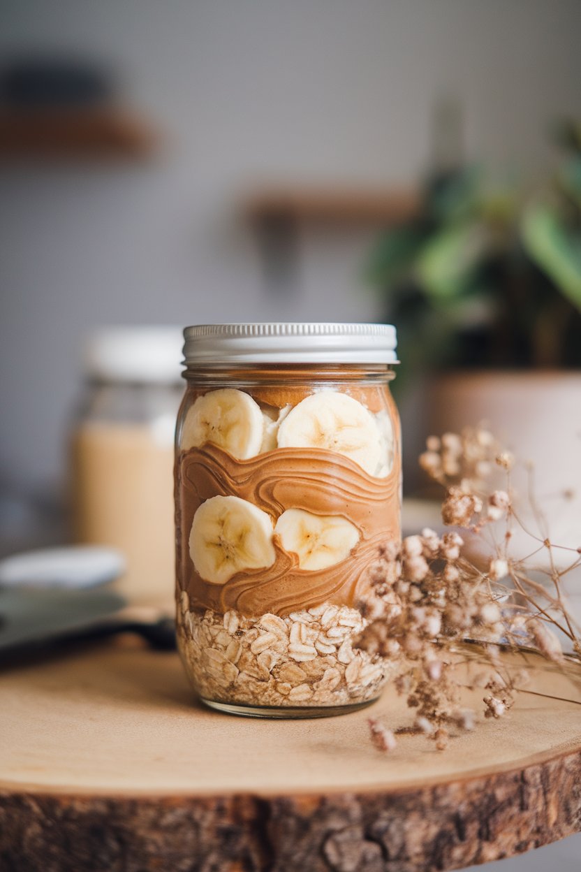 Indoor mason jar layered with oats, almond butter swirls, and banana slices. No text or logos visible.