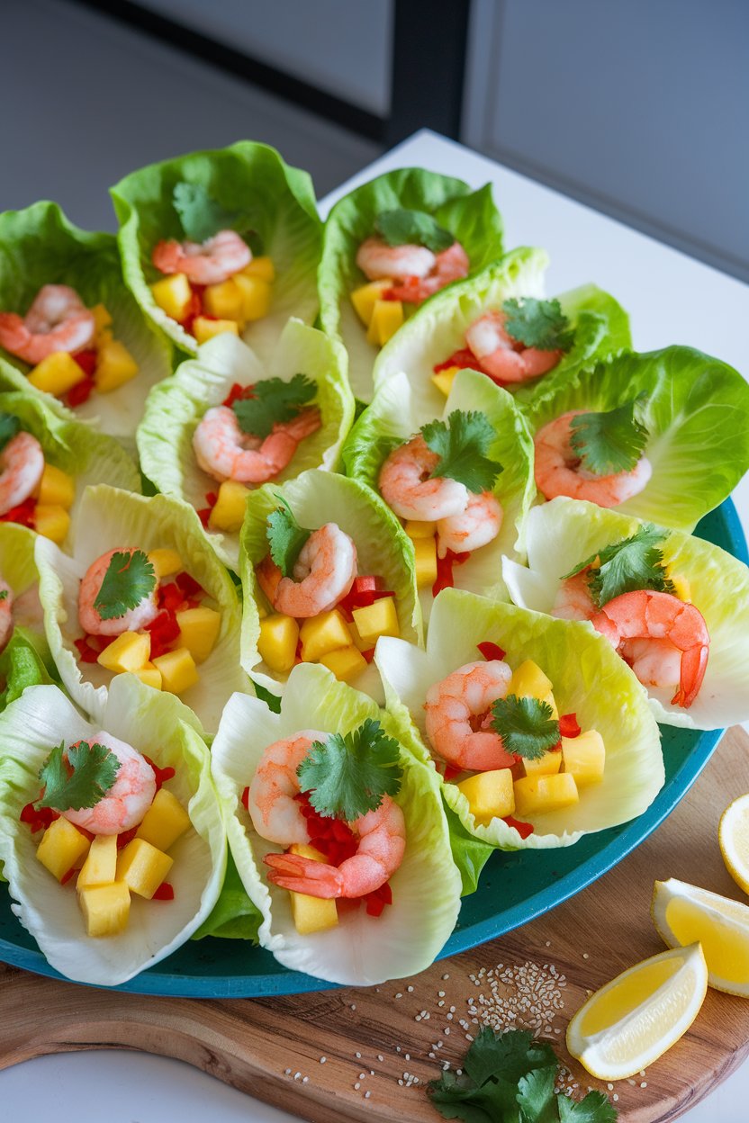 Indoor photo of butter lettuce leaves filled with cooked shrimp, diced pineapple, red bell pepper, and cilantro, arranged on a platter. No text or logos visible.