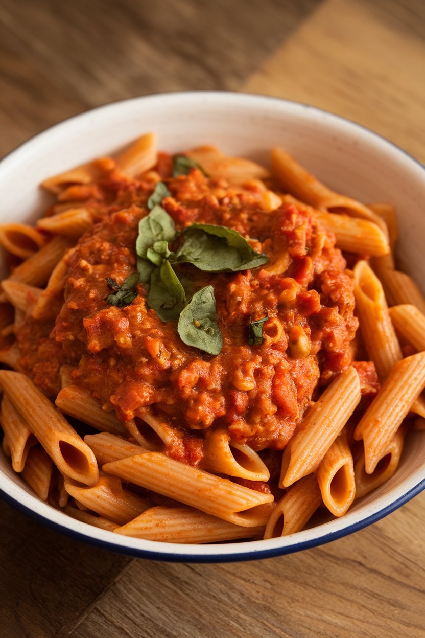 An indoor bowl of red lentil penne tossed in hearty turkey Bolognese, basil leaves on top; no branded packaging.