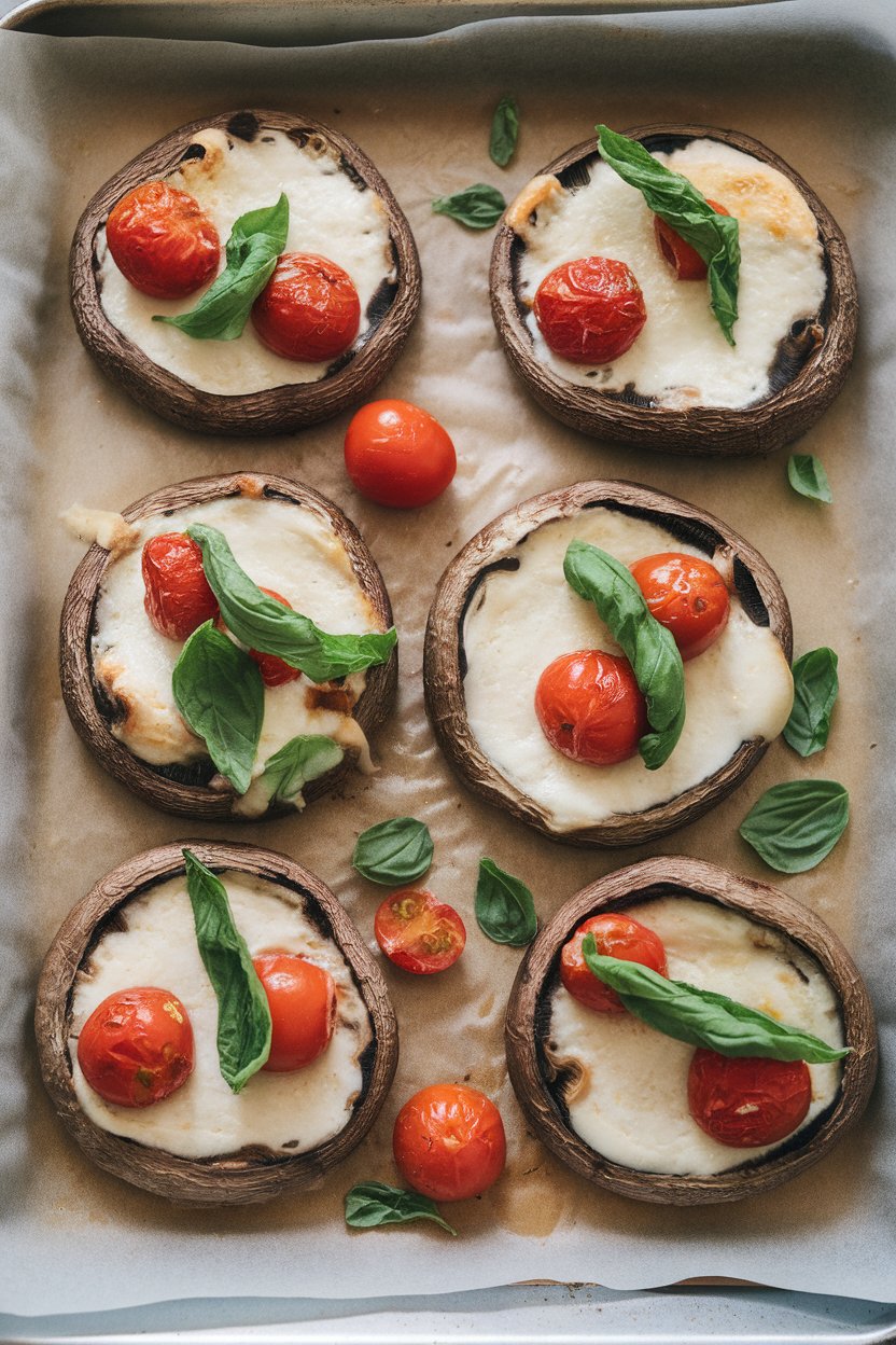A parchment-lined indoor baking tray showing cooked portobello caps filled with melted mozzarella, cherry tomatoes, and basil ribbons. No visible branding. Photo.