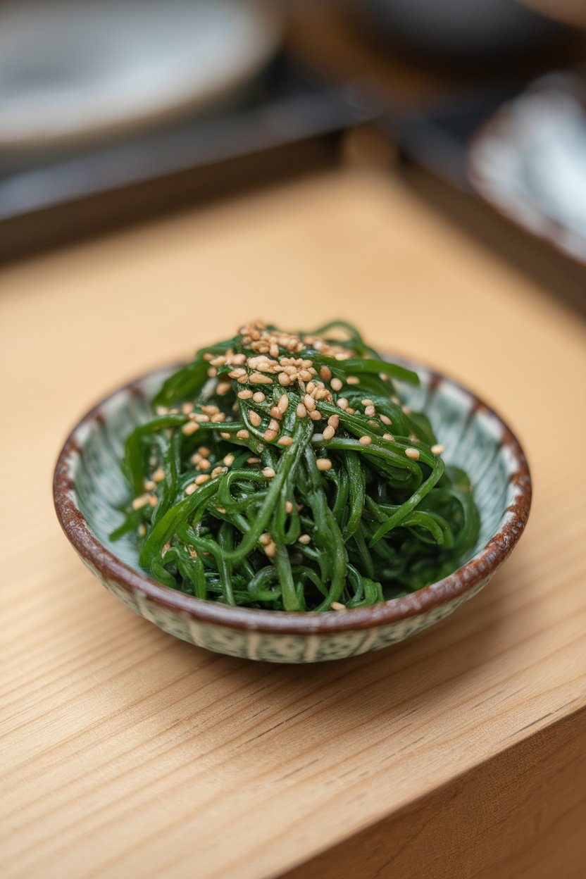 Indoor photo of emerald wakame strands dressed lightly and sprinkled with sesame seeds in a small dish. No text or logos; photograph.