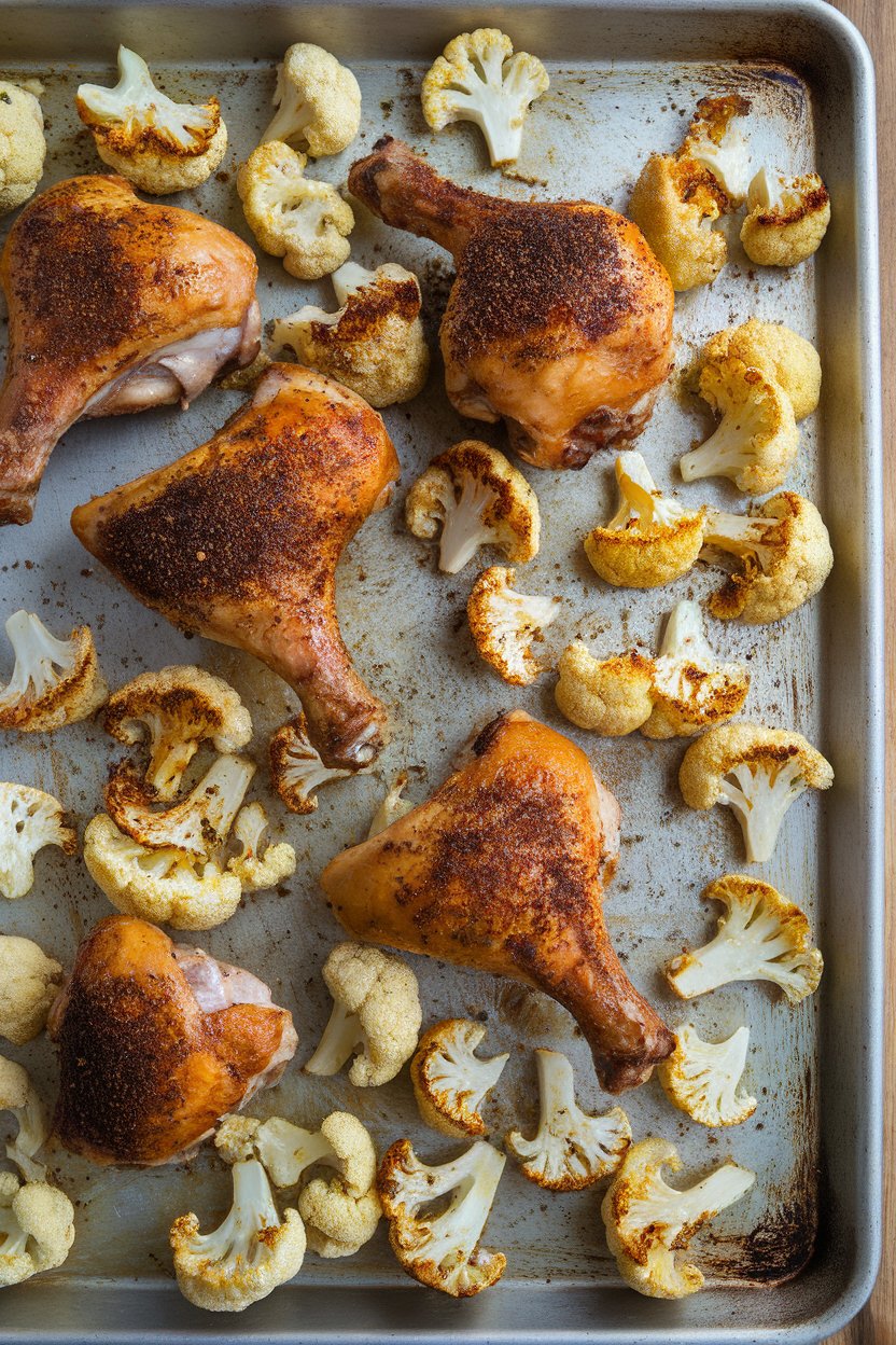 Indoor photo of roasted chicken legs and cauliflower florets dusted with za’atar on a baking sheet. No text or logos.