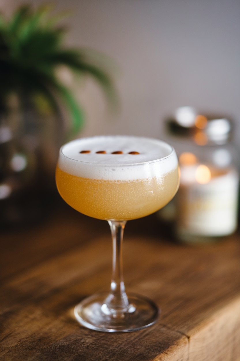 An indoor setting with a coupe glass of frothy Sparkling Pisco Sour topped with prosecco bubbles and three bitters dots. No text or logos.