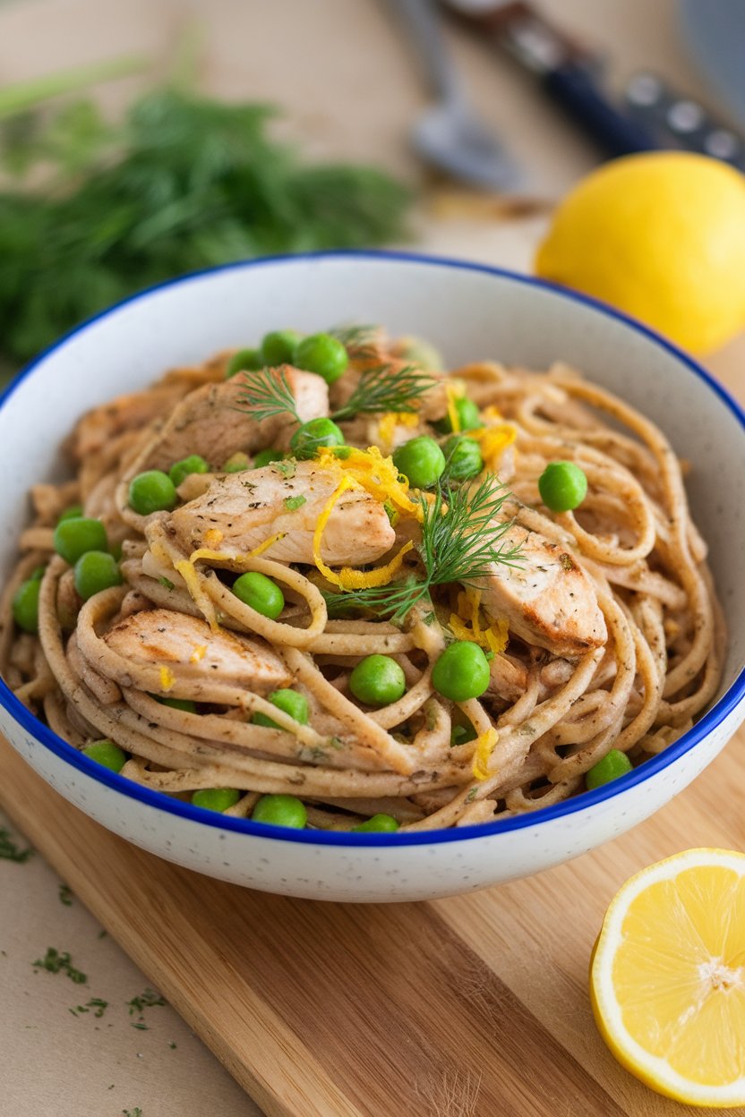 An indoor bowl of whole-grain pasta tossed with grilled chicken, peas, dill, and lemon zest. No text or logos visible. Photo only.