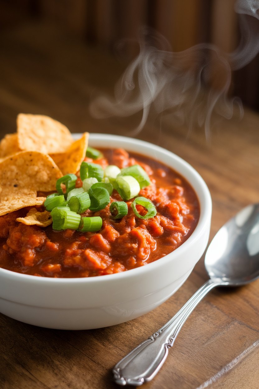 Indoor photo of a bowl of hearty turkey chili topped with chopped scallions; steam visible, no text or logos