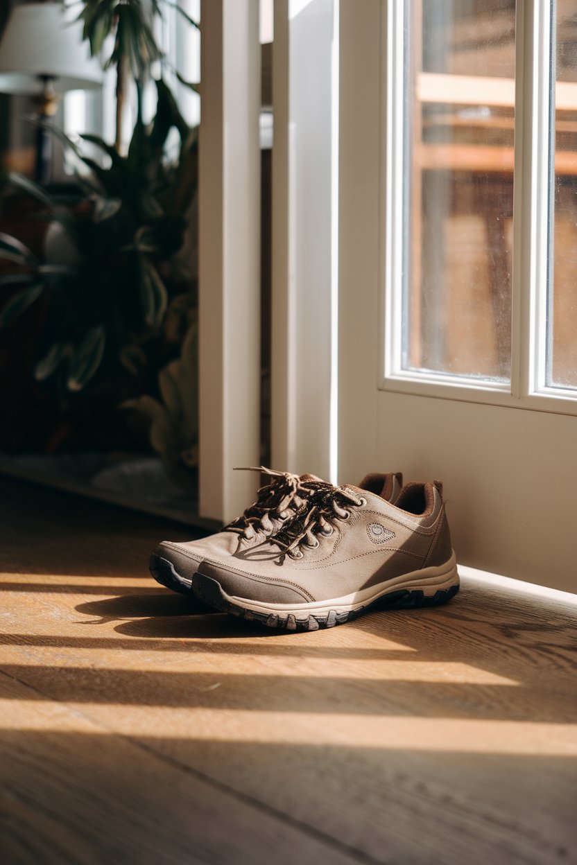A pair of walking shoes placed by an indoor doorway, daylight streaming in, no text or logos, photo only