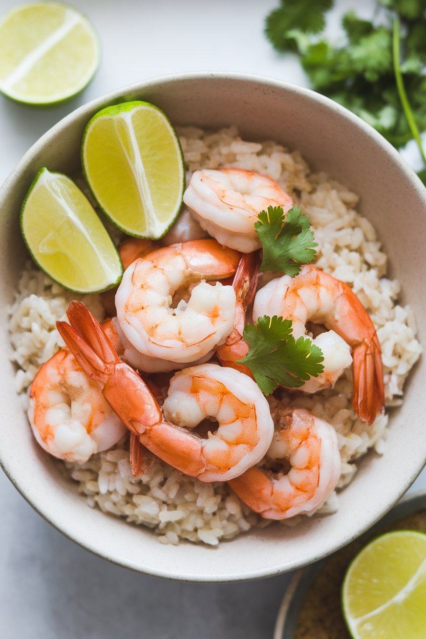 An indoor bowl of cooked shrimp atop coconut-infused brown rice garnished with lime wedges and cilantro. Photo, no text or logos.