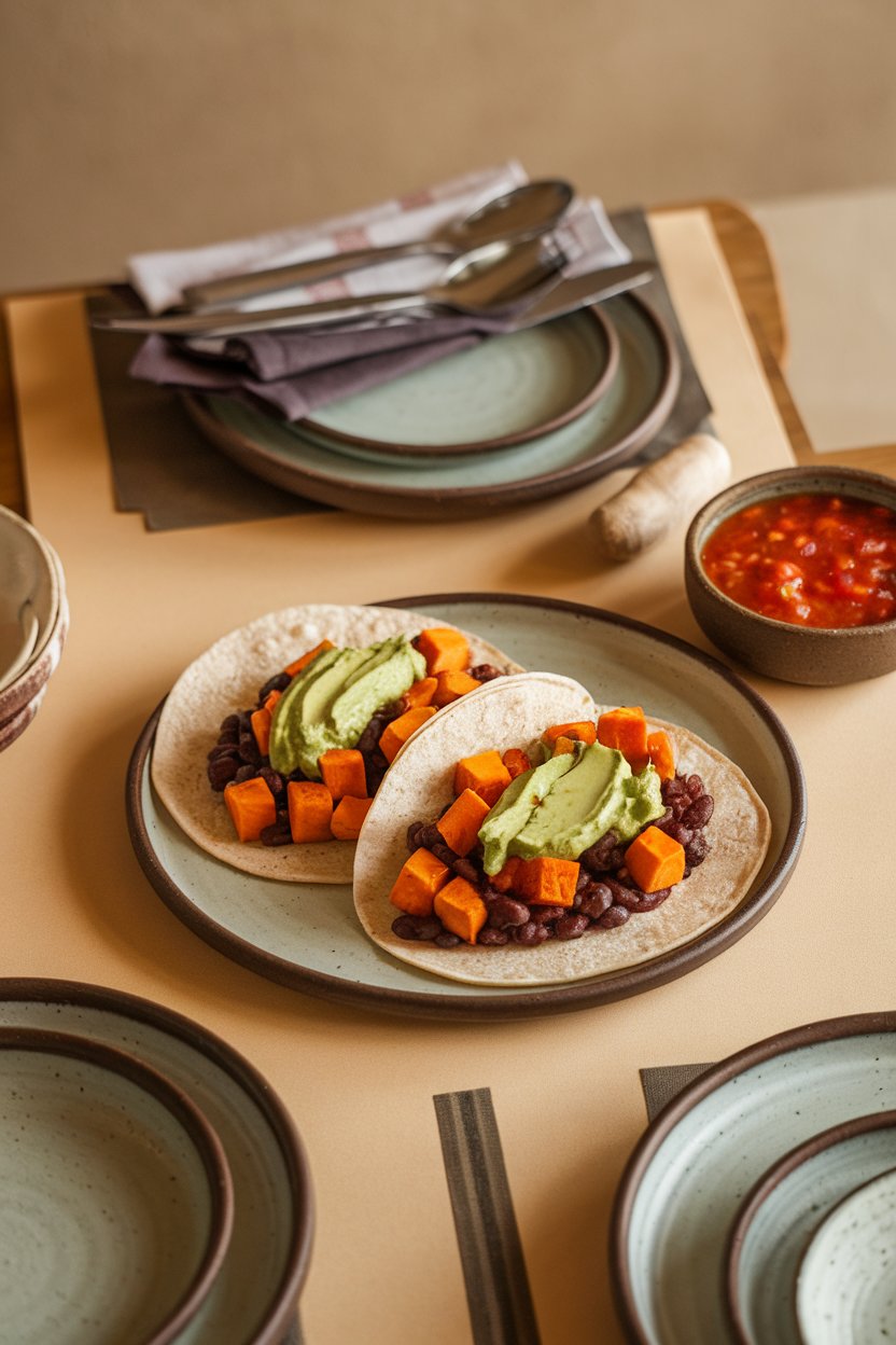 An indoor dining table with soft corn tortillas filled with roasted sweet potato cubes, black beans, and avocado crema; warm ambient light, no text or logos; photo