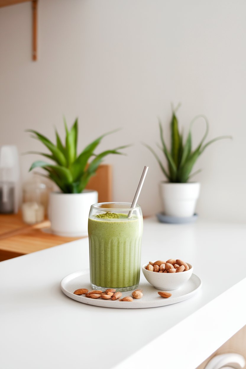 Photo of an indoor breakfast bar with a glass of green smoothie made from spinach, banana, and matcha powder, alongside a small bowl of almonds. No text or logos in sight.