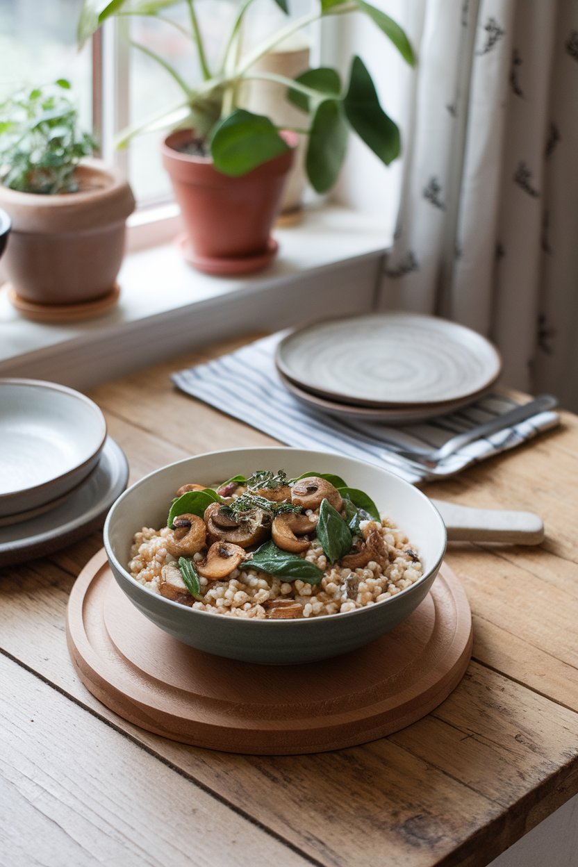 Indoor farmhouse table featuring a bowl of cooked barley mixed with roasted cremini mushrooms, thyme, and baby spinach. Photo only, no text or logos.