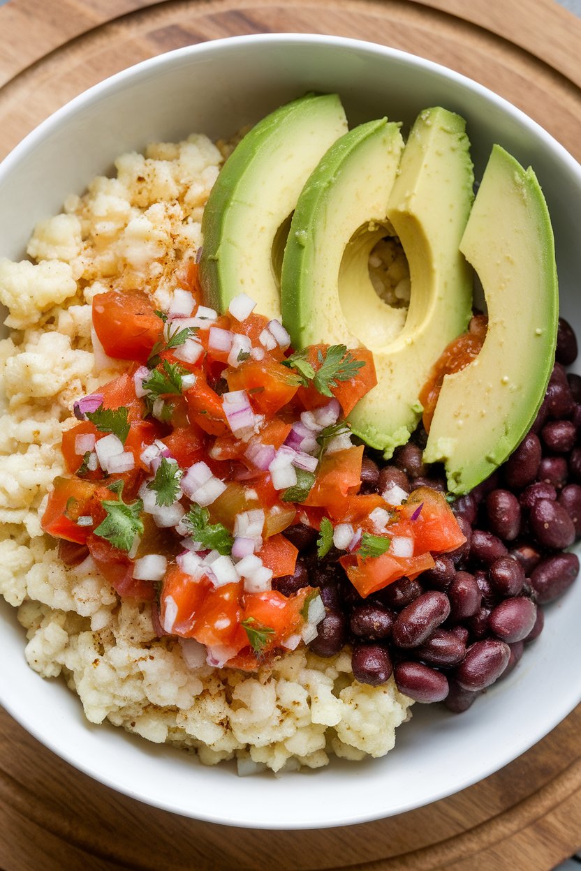Photo of an indoor bowl featuring seasoned cauliflower rice, black beans, avocado slices, and salsa. No logos or text displayed.