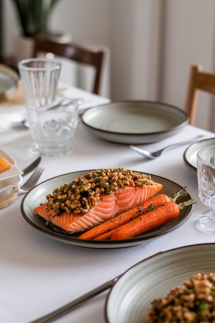 An indoor dining table featuring salmon fillets topped with a coarse walnut and parsley crust, served with roasted carrots. No text or logos visible.