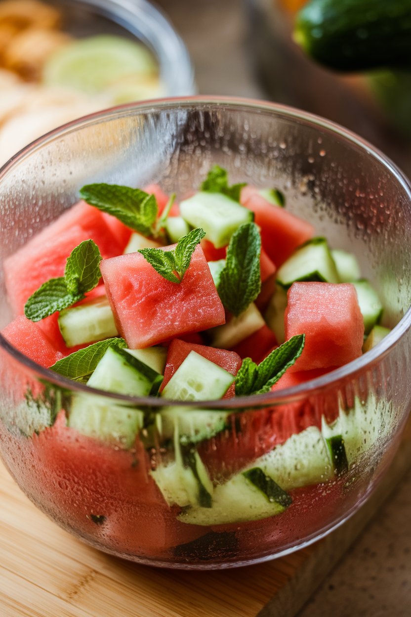 Indoor photo of cubed watermelon and cucumber tossed with mint leaves in a glass bowl, condensation visible. No text or logos; photo.