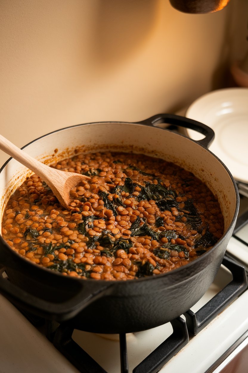 Photo, indoors, cast-iron pot filled with thick lentil stew flecked with spinach, ladle resting inside, steam rising. No text or logos on cookware.