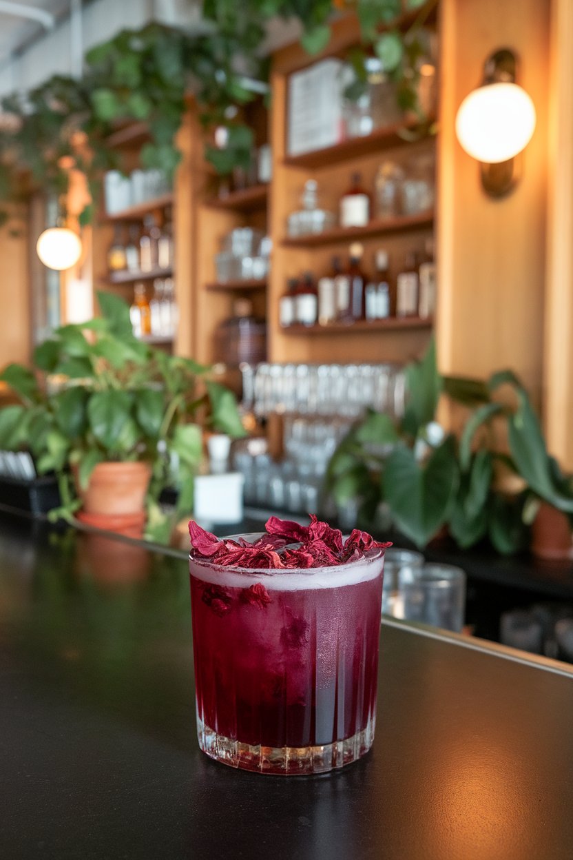 Photo of deep-magenta shots with dried hibiscus petal floating, indoor bar; no logos.