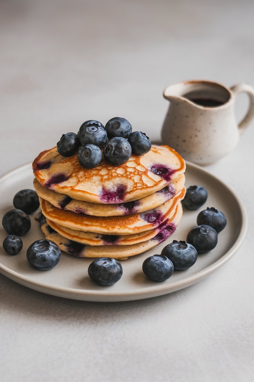 Indoor tabletop shot of almond-flour pancakes studded with bursting blueberries, a small pitcher of warm berry compote nearby. Neutral plates, no logos, photo only.