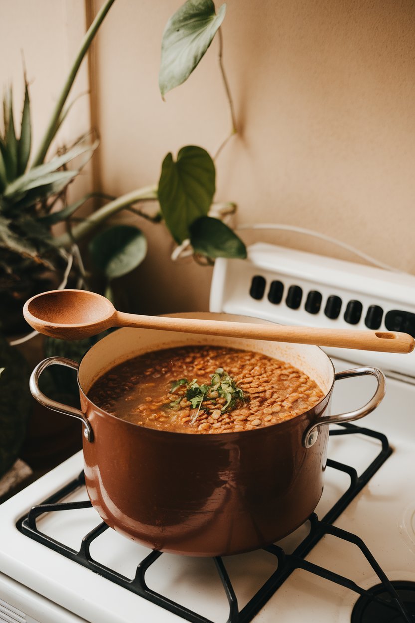 Indoor stovetop scene with a pot of simmering lentil soup, ladle resting on the side. No brand labels or text visible. Photo.