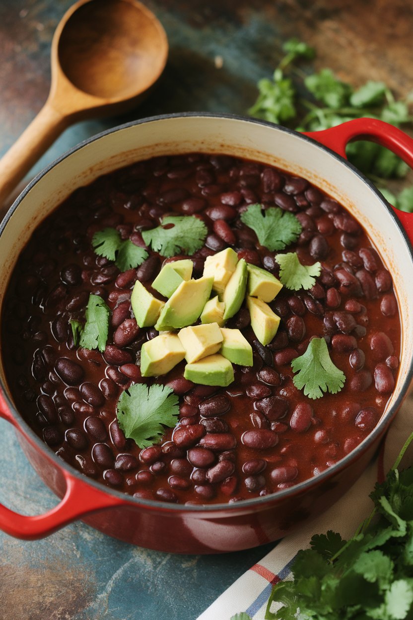 Indoor photo of thick black bean soup in a red pot, ladle resting, garnished with chopped avocado and cilantro. No text or logos.