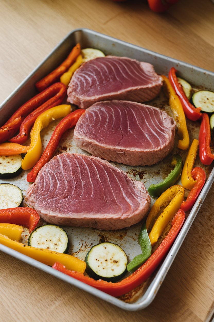 Sheet pan on a kitchen table with roasted tuna steaks surrounded by colorful bell pepper strips and zucchini rounds; golden, fully cooked fish, no branding or text.
