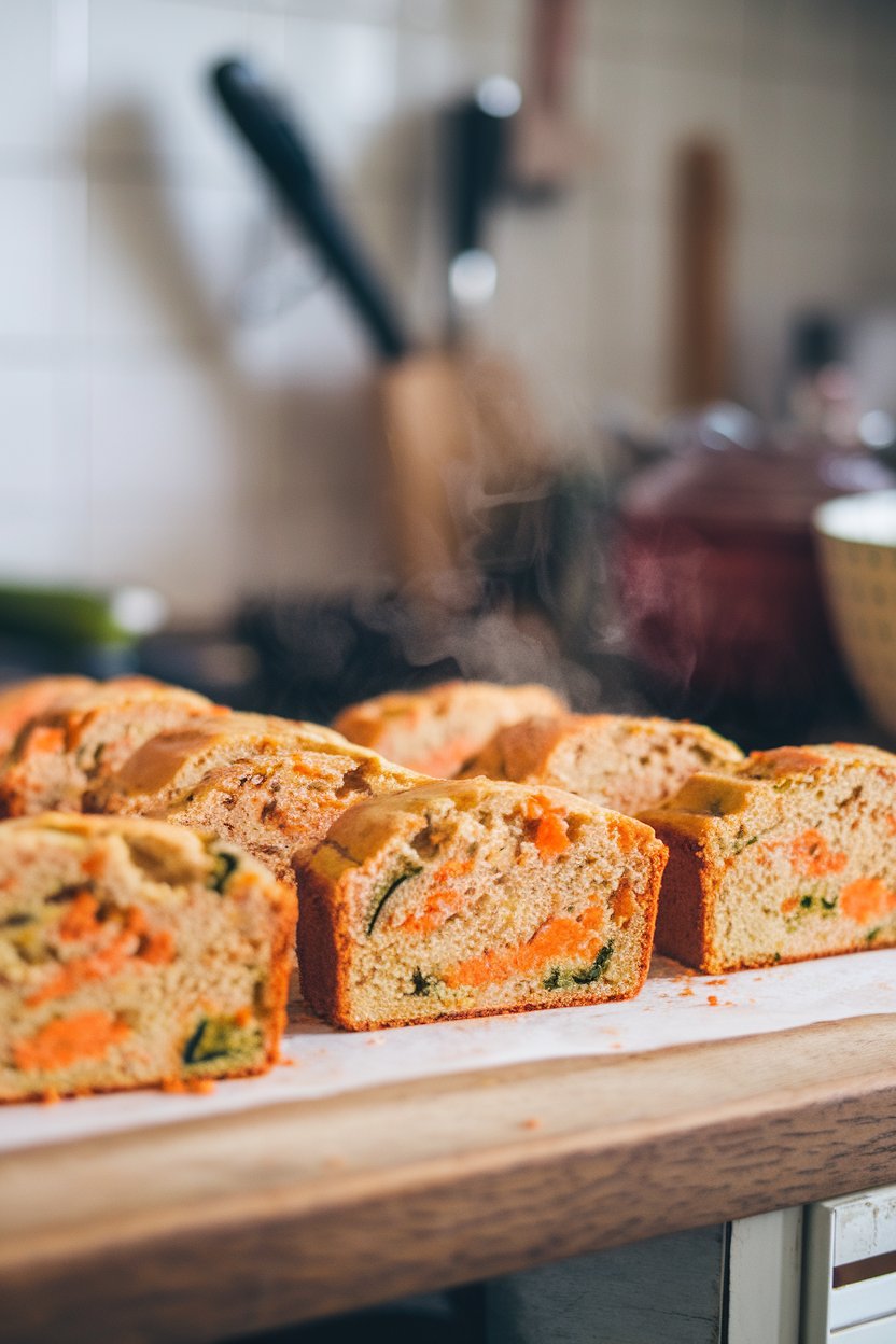 An indoor kitchen counter displaying several small loaf slices showing flecks of orange carrot and green zucchini, steam faintly rising. No logos. Photo.