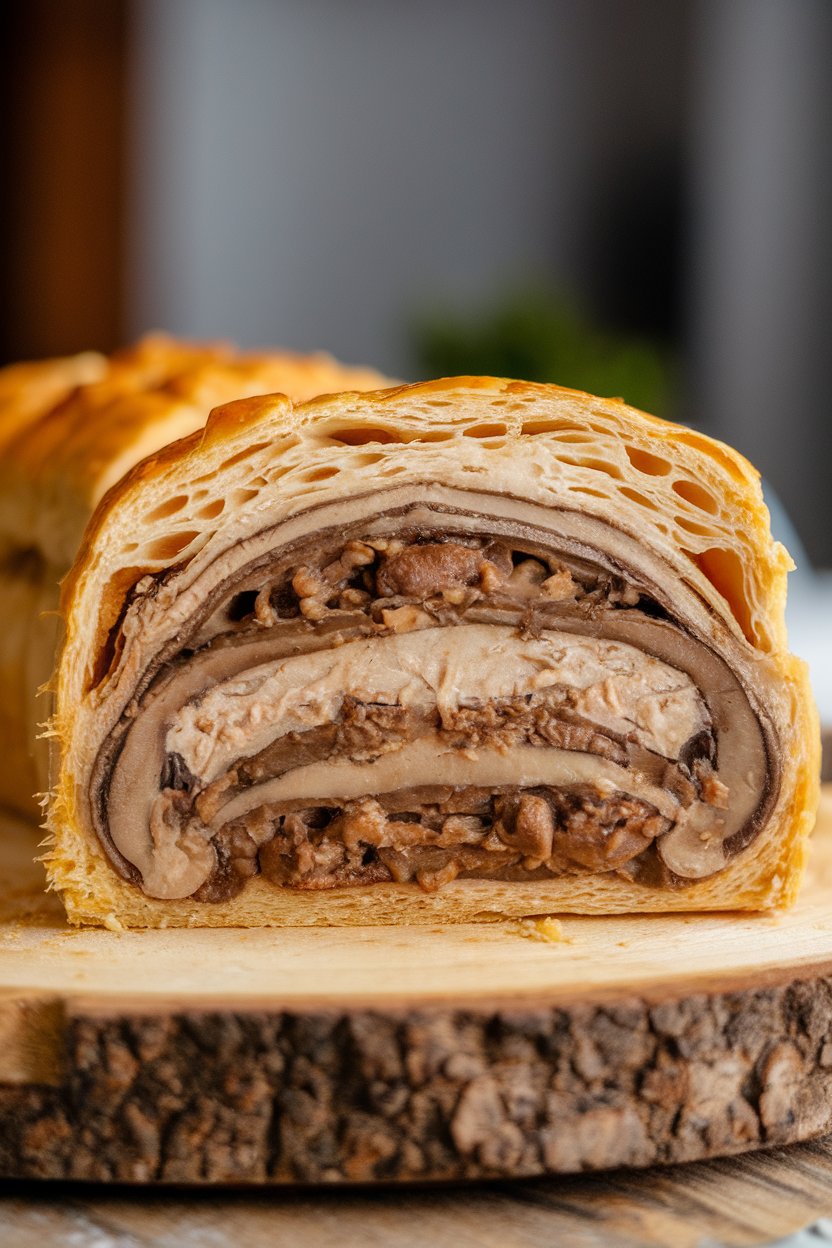 A sliced vegetarian mushroom Wellington on a wooden board indoors, layers of puff pastry, duxelles, and whole portobellos visible—no text or logos. Photo.