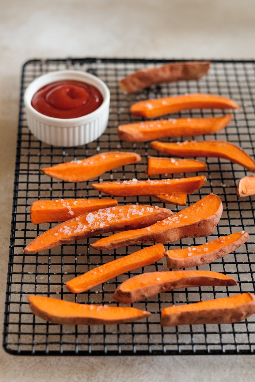 A baking rack indoors with crisp sweet potato fries sprinkled with sea salt, small ramekin of ketchup; no text or logos, photo only