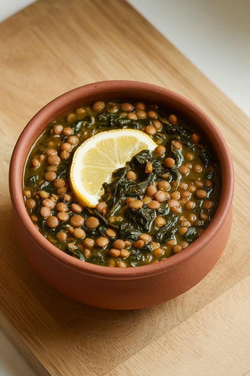 Indoor photo of lentil soup with spinach and lemon wedge in a clay bowl, no text or logos