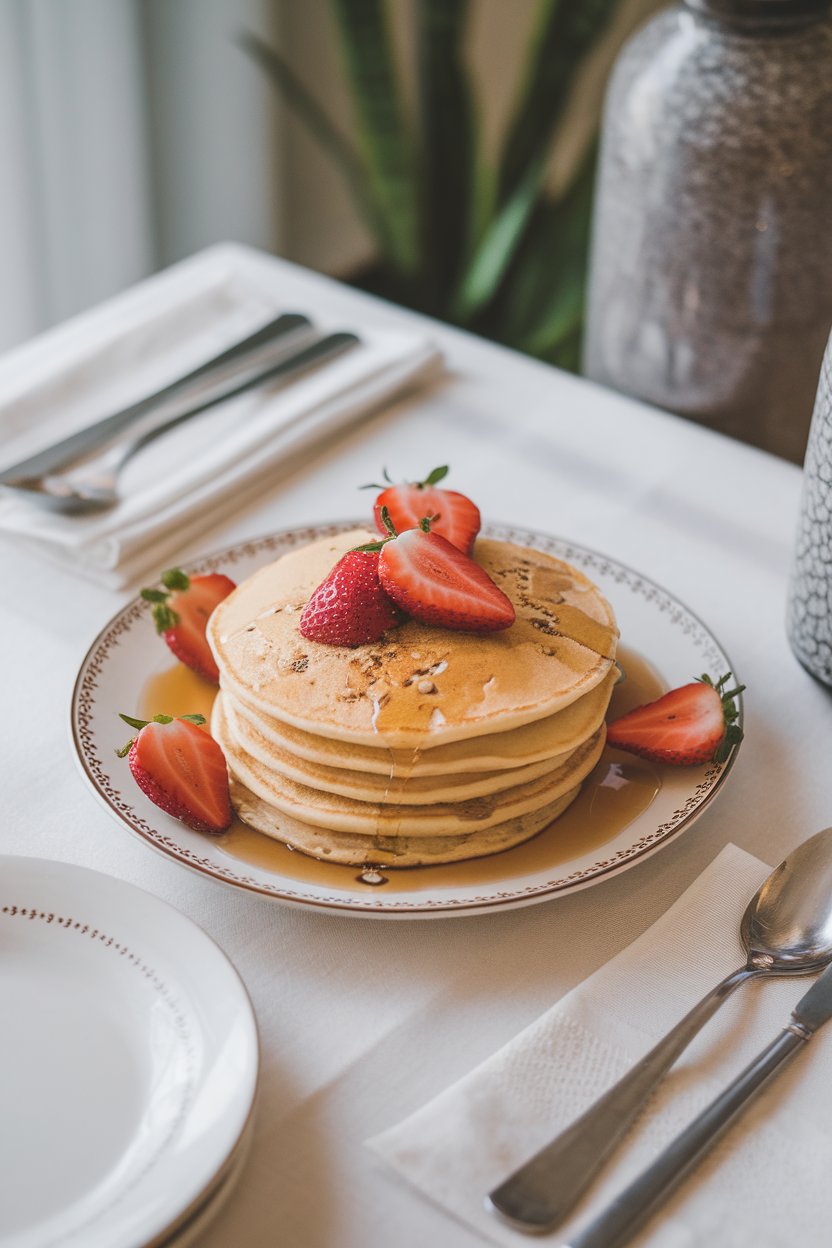 Indoor breakfast table showing light golden pancakes, visible vanilla bean specks, topped with sliced strawberries; photo only.