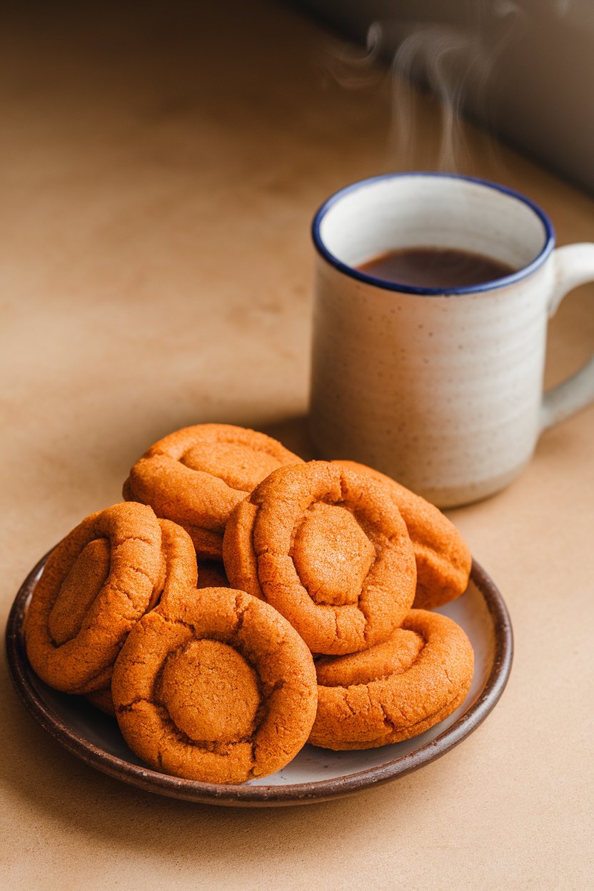 A small plate indoors holding orange-hued snickerdoodles rolled in cinnamon-pumpkin spice, steam from nearby tea curling upward. No logos.