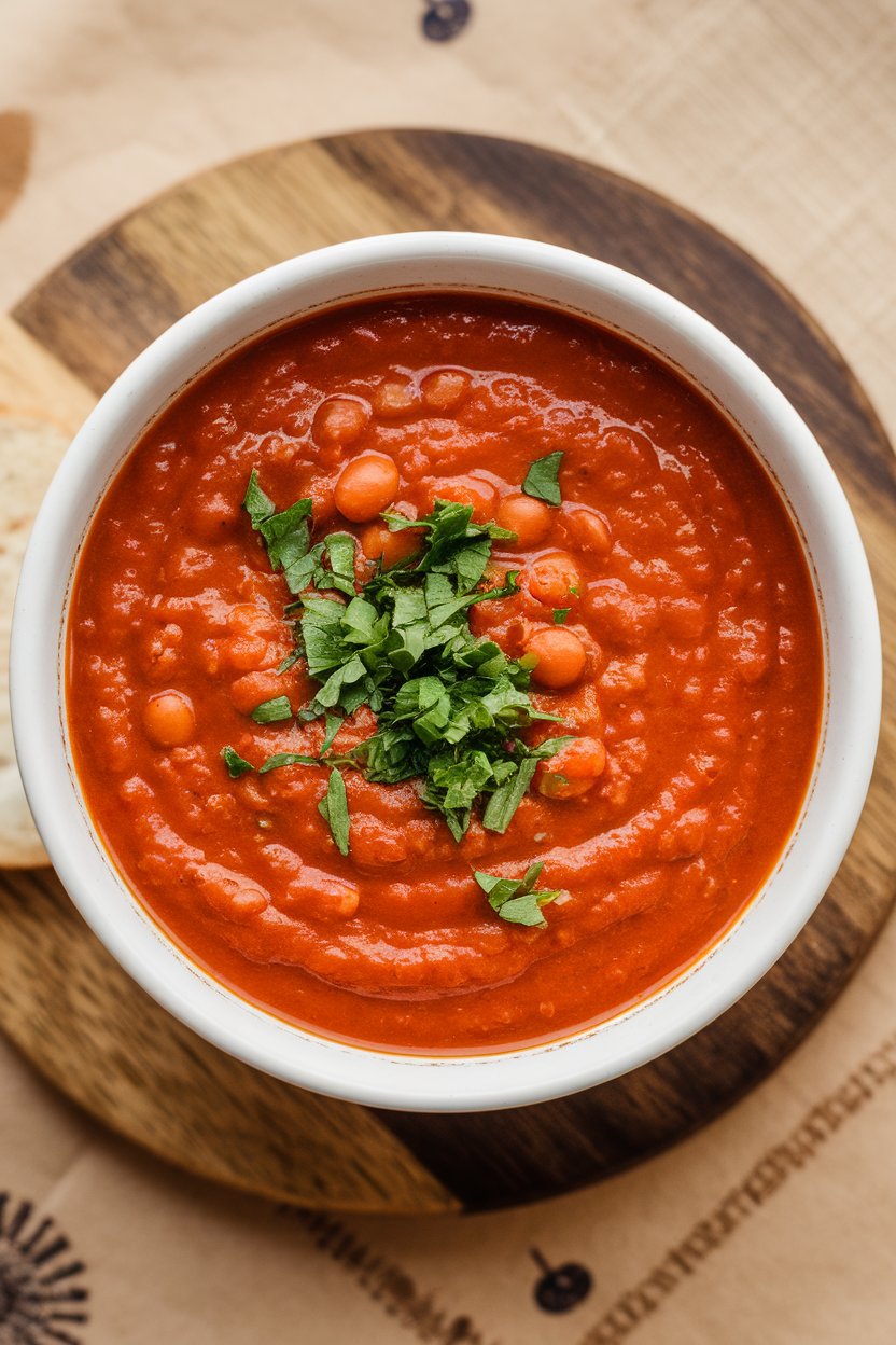 Indoor photo of thick red lentil tomato soup with parsley garnish, overhead shot; no text or logos