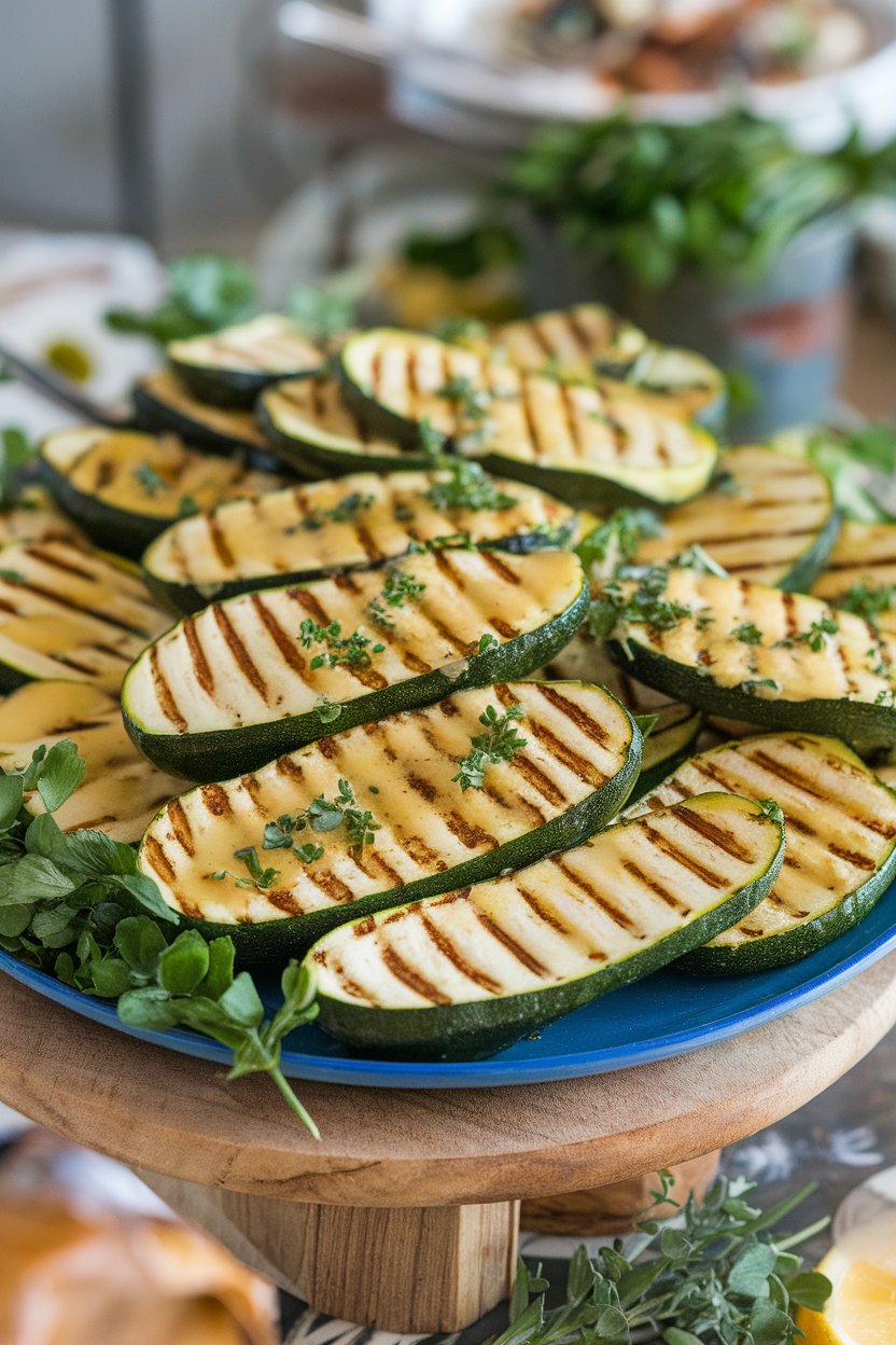 Indoor platter of grilled zucchini halves brushed with lemon herb dressing—no text or logos.