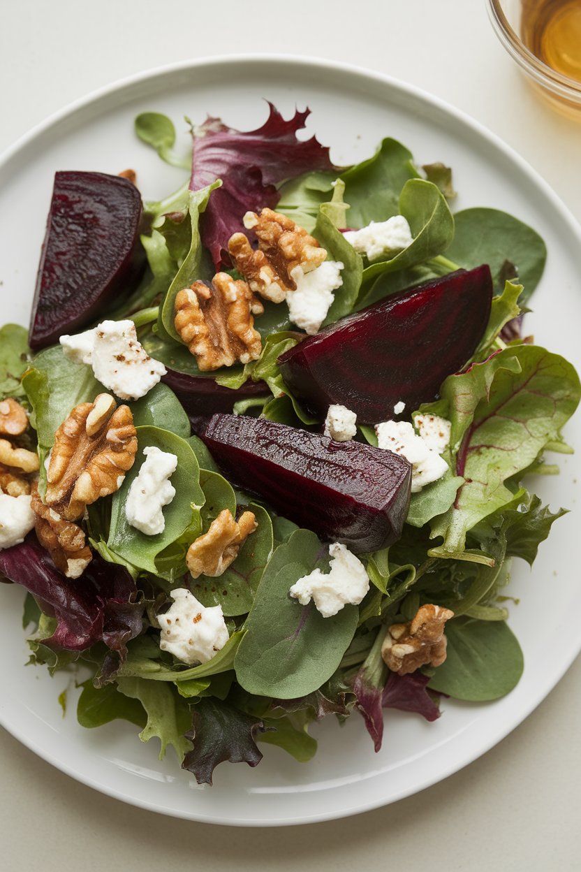 Indoor plate featuring mixed greens topped with roasted beet wedges, crumbled goat cheese, and walnuts, light vinaigrette sheen. No text or logos, photo not illustration.