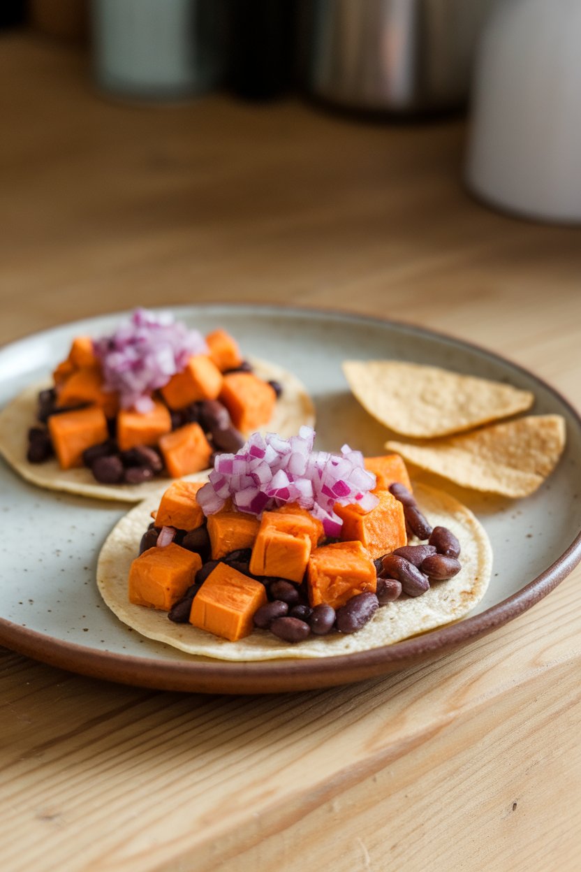 Photo of a ceramic indoor plate with two corn tortillas topped with roasted sweet potato cubes, black beans, and diced red onion. No text or logos in frame.