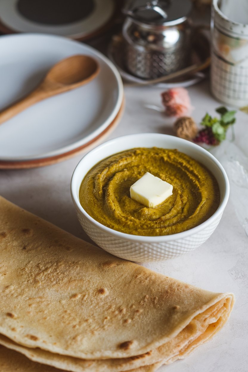 An indoor winter meal scene with a bowl of thick green mustard saag topped with a small pat of butter and a soft cornmeal roti folded nearby. No text or logos. Photo, not illustration.