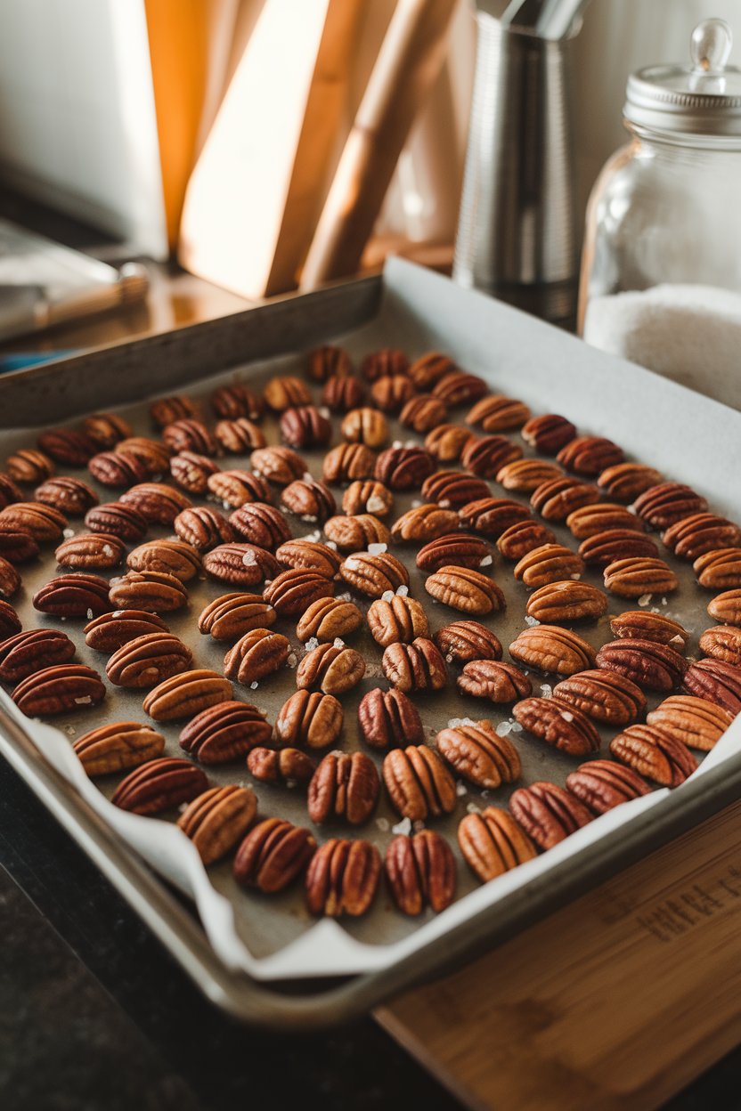 A close-up of a shallow baking sheet on a countertop, pecans coated in glossy maple glaze and sea salt crystals cooling. Warm indoor lighting, no text or logos.