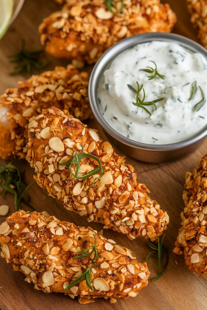 Indoor photo of baked chicken tenders coated in crushed almonds, served with herbed yogurt dip, no text or logos.