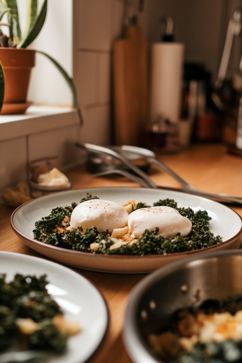 A warm indoor kitchen shot of two perfectly poached eggs resting on a bed of sautéed kale and garlic on a white plate. No logos or text.