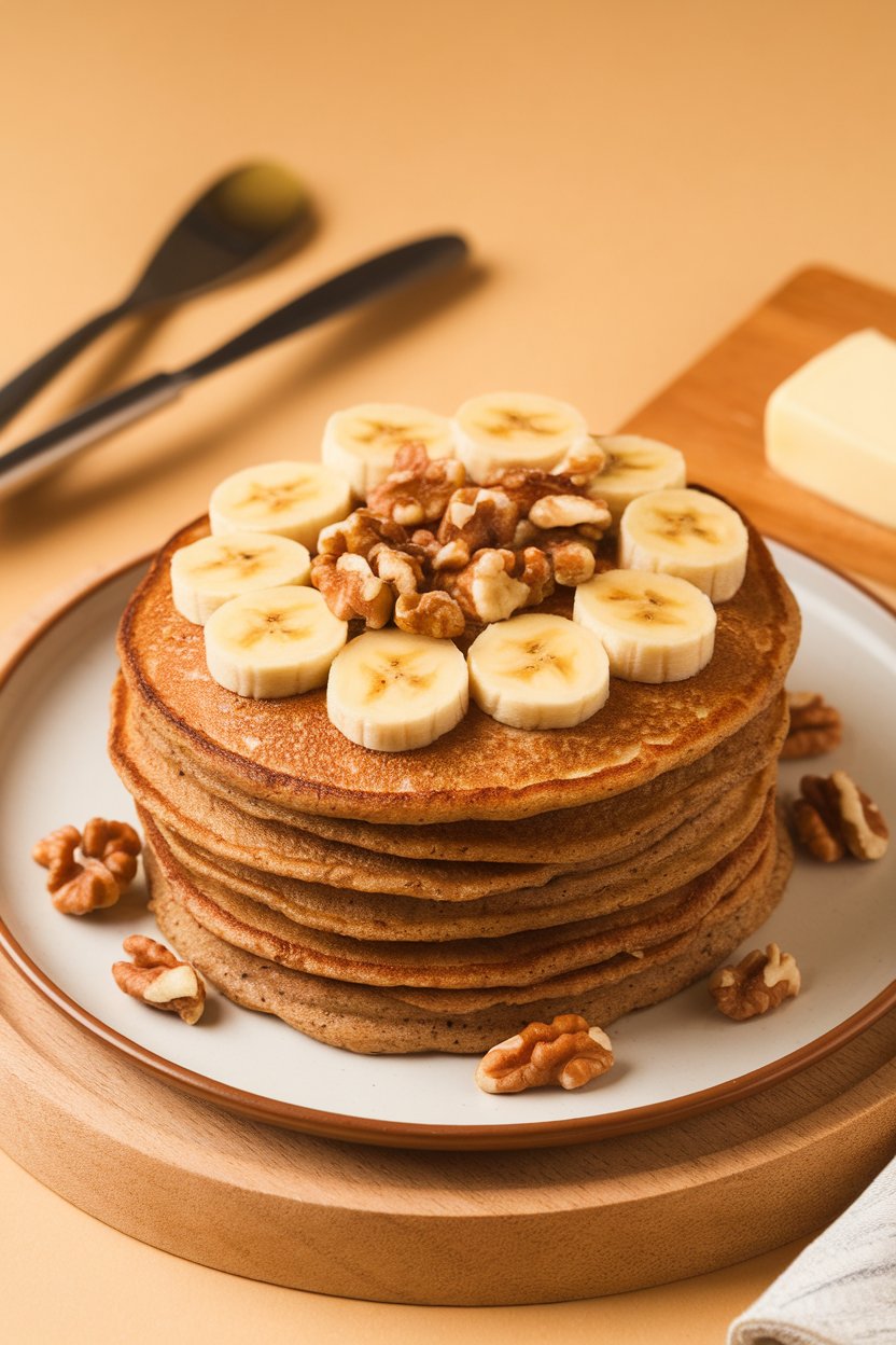 Warm indoor photo of buckwheat pancakes topped with banana coins and chopped walnuts; no text or logos.