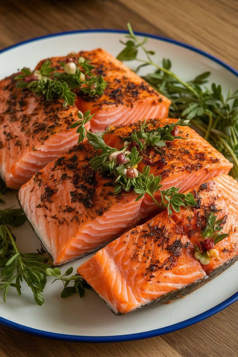 An indoor plate showcasing sliced cedar-plank-cooked salmon topped with a mix of fresh herbs, a faint smoky hue visible. No text or logos present.