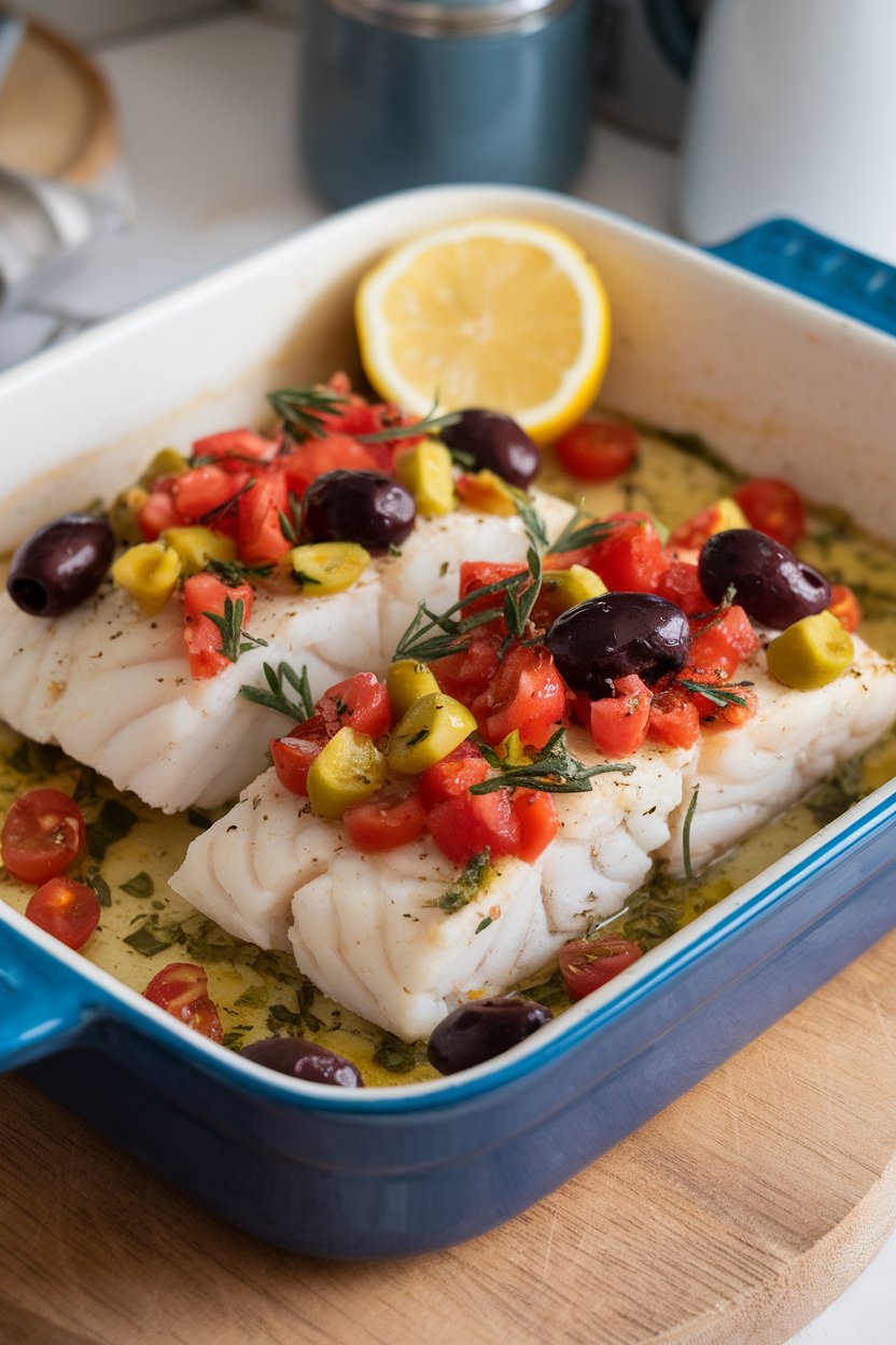 A ceramic indoor baking dish of cooked cod topped with diced tomatoes, olives, and herbs, lemon wedge at the corner. No text or logos. Photo, not illustration.