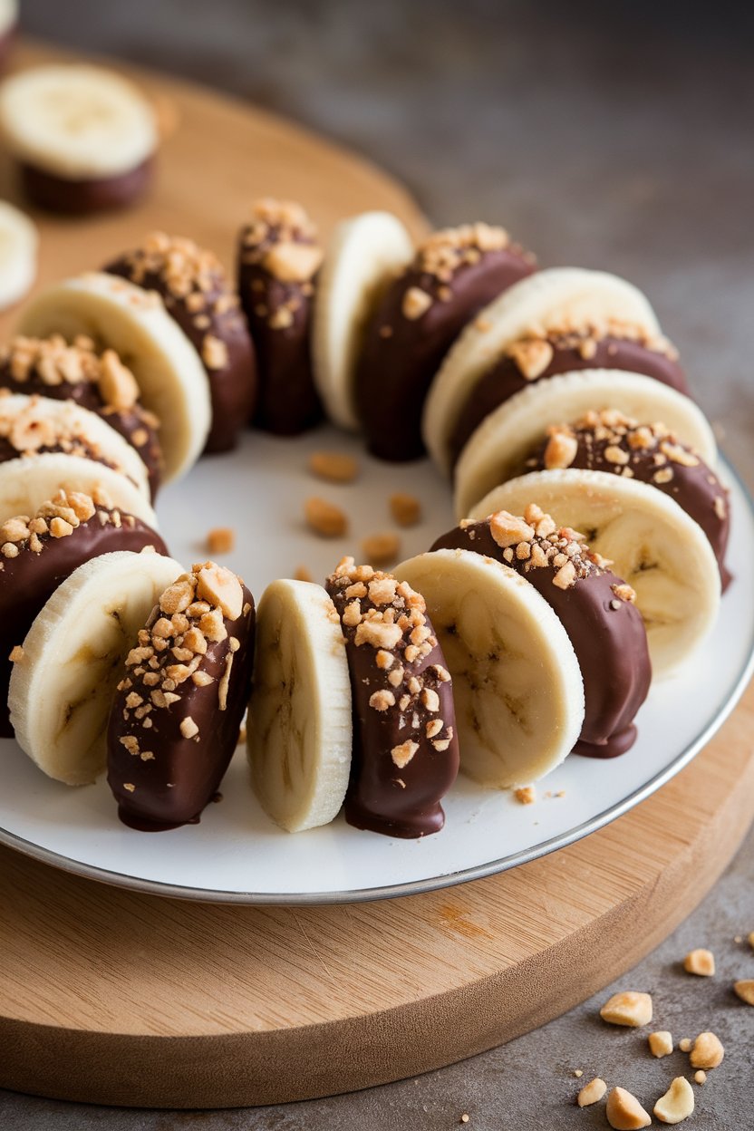 An indoor platter holding frozen banana coins half-dipped in dark chocolate and sprinkled with crushed peanuts. No logos or text.