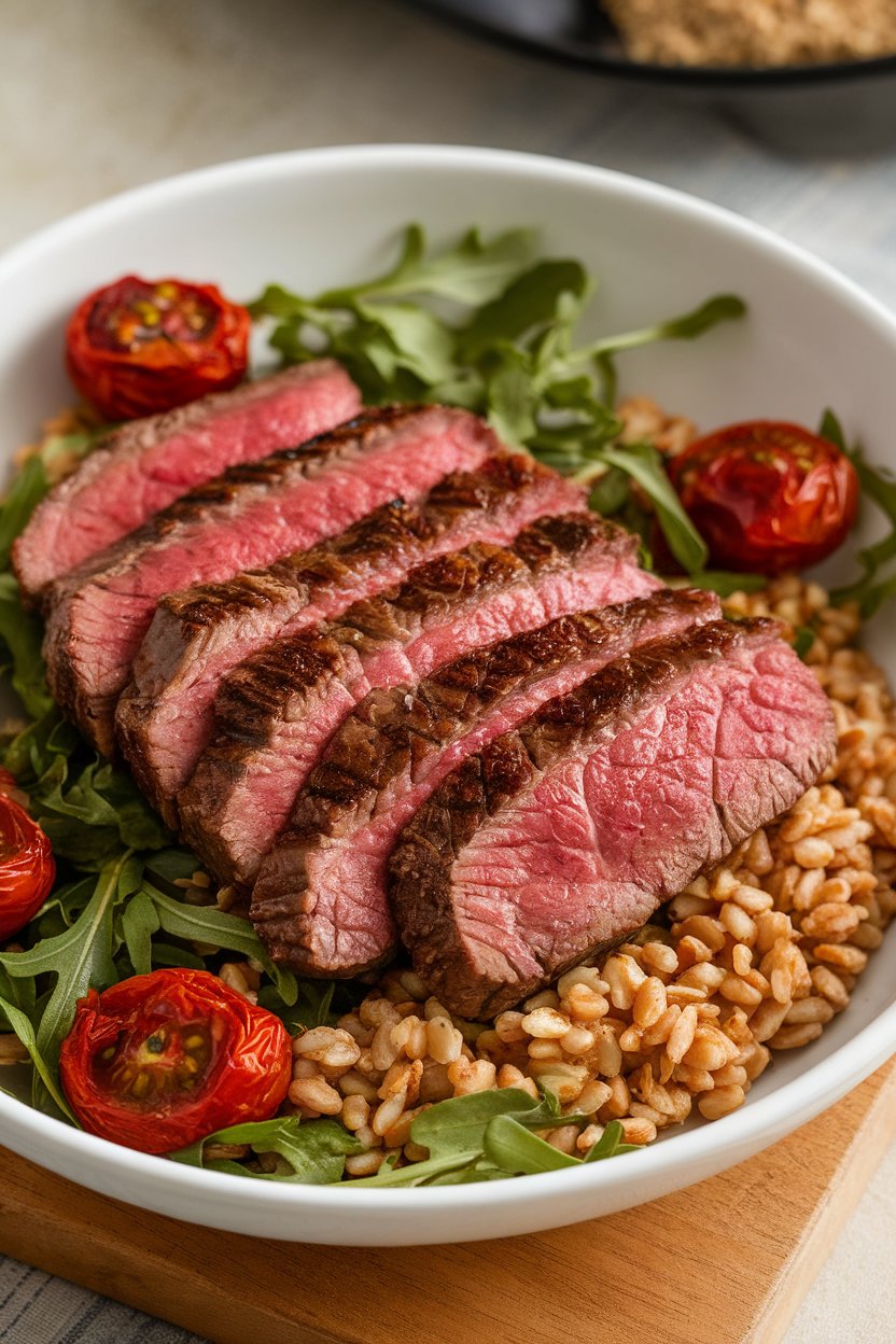An indoor serving bowl of sliced medium-rare steak over farro, arugula, and roasted cherry tomatoes; no brands displayed.